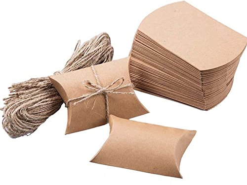 Newaner 100 kleine Geschenkboxen, Pralinenschachtel aus Kraftpapier, 9 * 7 * 2.4CM Bonbonschachtel aus Papier Mit 40cm Seil, Perfekt kissenschachtel für Hochzeiten, DIY-Boxen, Partydekorationen