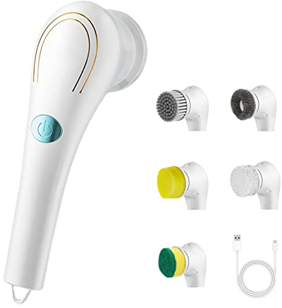 Limpieza eléctrico Mano inalámbrico con 5 Cabezales Cepillo reemplazables, Recargable por USB 360° para Pared, bañera, Ventana, Fregadero Cocina