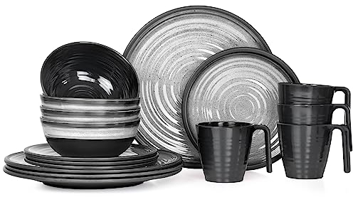 Vaisselle de camping en mélamine pour 4 personnes Gris pierre + 4 tasses à café en pierre