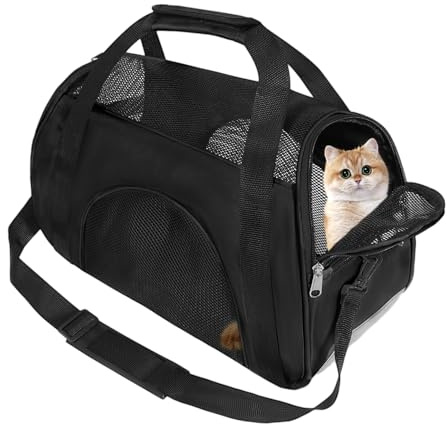 Soft Sided Comfort Cat Carrier，Portable Foldable Pet Travel Carriers Bag For Puppy/Dog With Shoulder Strap & Removable Mat，Durable Cats Basket Airline Approved(Black,M)