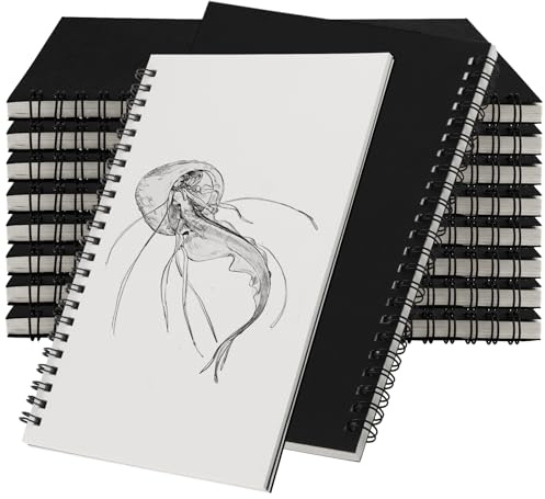 JEUIHAU 10-pack A5 Anteckningsbok Ritbok, 100 gsm spiralbunden skissbok med svart kraftfodral, 60 ark/120 sidor tom skissblock för att skriva, målning, skissning, memon, resor
