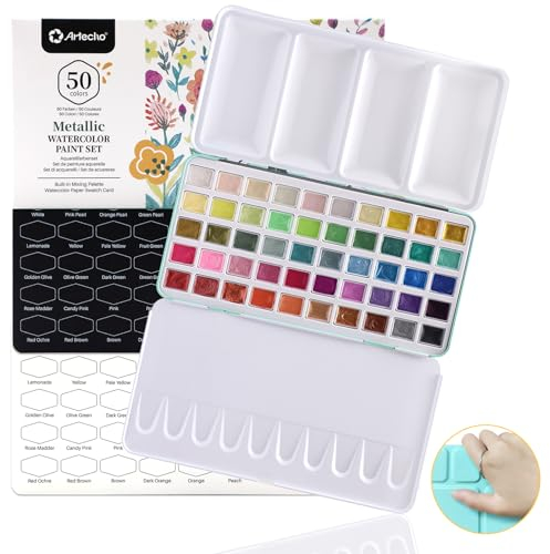 Artecho Aquarellfarben Set 50 Metallic Farben, Aquarell für Reisen, Wasserfarben für Künstler und Hobbymaler