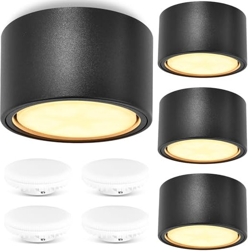 GeyouLux 4 Stück LED Aufbauspot Schwarz-Ø95x55mm-extra flach & großer Leuchtfläche-Aufbaustrahler inkl. 6W LED GX53 3000K Warmweiß 230V-Deckenspots Aluminium, Aufbauleuchte, Aufputz Deckenstrahler