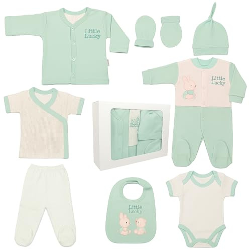 Blue Eyes nyfödd baby presentset unisex | 8 delar första kläder & babyutrustning | 100 % naturlig OEKO-TEX® bomull | spädbarn 0–4 månader gåva babyshower (Grön)