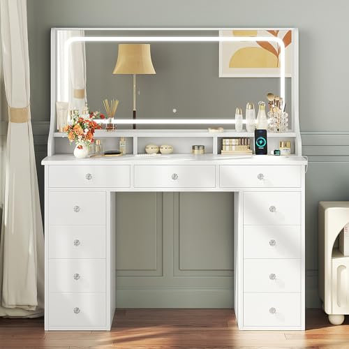 Dripex Schminktisch mit Beleuchtung, Vanity Desk mit 11 Schubladen, 110cm großer LED-Spiegel und Steckdose, Verstellbare Helligkeit, Moderner Schminktisch für Schlafzimmer und Ankleidezimmer, weiß