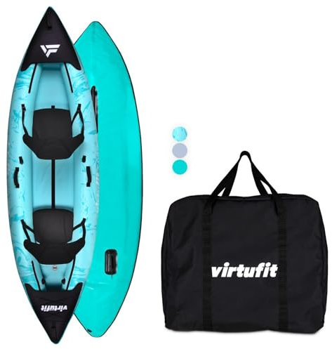 VirtuFit Kajak 335 Aufblasbar – 2 Personen + Option für 3. Sitz – inkl.2 Kajaksitze, Tragetasche & 2 Finnen – für Meer, Fluss & See – stabile Konstruktion – 335 cm – Türkis