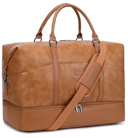 Weekender Bags for Women: PU Brown Large Overnight Bags Travel Duffel Bag Carry On Shoulder Weekend Tote with Shoe Compartment and Wet Pocket for Girls Airplane Traveling, Gym