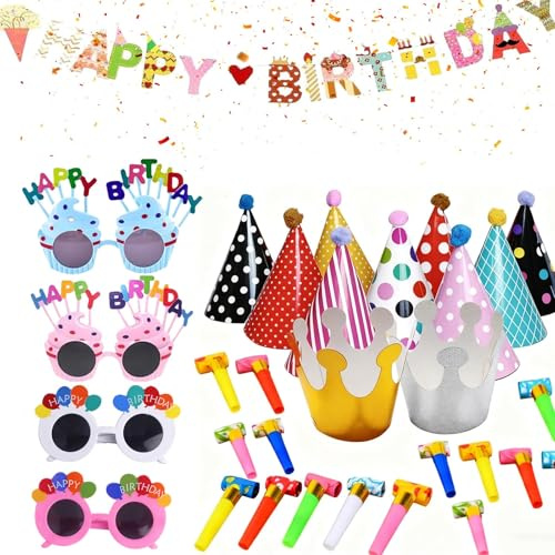 Nvwa Kiro 31pcs Party Hats for Adults, Suitable for All Age Groups11pcs Birthday Cone Hats With Pom Poms (9 Birthday Hat And 2 Crowns), 15 Party Blowers, 1 Happy Banner, 4 Glasses