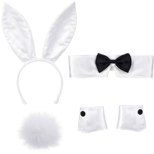 SSKHE Conjunto de disfraz de conejo para mujer, diadema con orejas de conejo, corbatín, puños, cola de conejo para adultos, mujeres y hombres, para fiestas de disfraces, cosplay, disfraz de conejo de