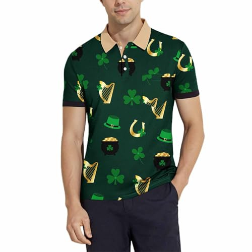 St Patrick's Day Polo Shirts for Mens UK Lucky Shamrock Graphic Short Sleeve Tops Lapel Half Button T-Shirts Classic Summer Loose Soft Shirts Lounge Pullover Holiday Clothing (GN1, L)