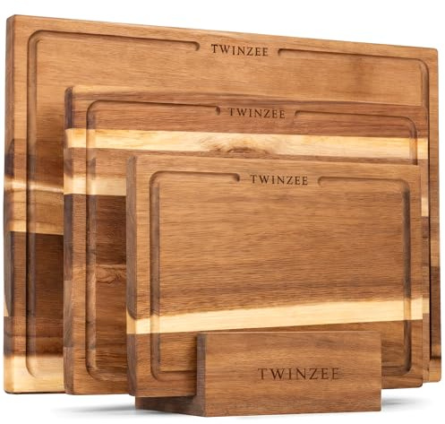 Twinzee Set di 3 Tagliere Legno (40 x 30/33 x 24/26 x 18 cm) in Massiccio di Acacia - Tagliere da Cucina con Supporto, Spessi 2 cm, con Canalina per Succo