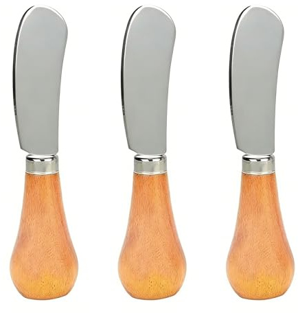 Hontaog Tres Cuchillos de Mantequilla Verticales, Mini Cuchillos de Mantequilla, con Mango de Madera, Cuchillos para Queso y Cuchillos para Fruta, de 12 cm, Ideales para Untar Mantequilla y Mermelada