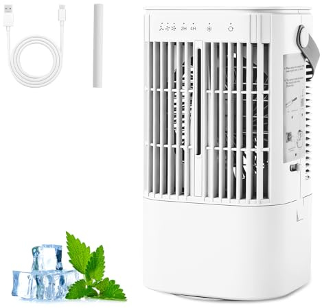 Roadtime Bärbar kylfläkt med 900 ml vattentank, USB typ-C mini luftkylare, personlig kylfläkt med 3 hastigheter och dimma, oscillation, nattlampa i 7 färger, timer för sovrum, kontor, camping