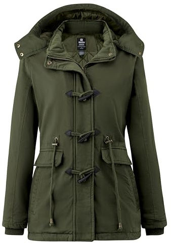 Wantdo Femme Manteaux Chaude Doublure Polaire Veste d'Extérieur d'hiver Manteau à Capuche en Fausse Fourrure Parka Militaire Slim Fit Vert XL