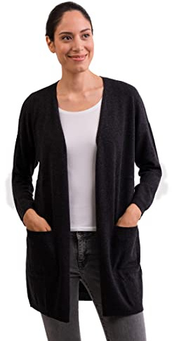 CASH-MERE.CH 100% kashmir dam cardigan lång, rakt snitt | lång kofta 2-trådig, Mörkgrå, L