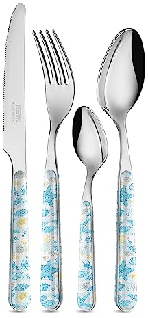 NEVA | BISTROT Mare Collection Set 24 Bestick, Bestickset i rostfritt stål, Diskmaskin Tvättning, Outplånlig Dekoration, Havets bakgrund