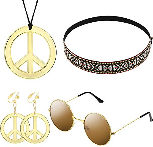 WILLBOND 4-teiliges Hippie-Kostümzubehör-Set für Damen, Hippiesonnenbrille, Ohrringe, Halskette, Friedenszeichen, Boho-Kopfband, für Halloween, Karneval