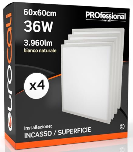 Eurocali 4x Pannelli LED 2in1 Incasso o Superficie 36W 60x60cm 3960lm Bianco Naturale 4000K - Installabile Senza Cornice o Supporto