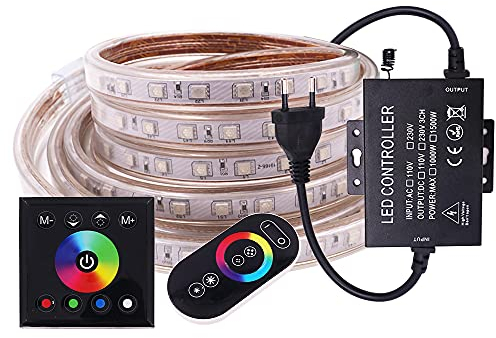 XUNATA LED Streifen Lichtband Licht Schlauch, 220V 5050 RGB 60LEDs/m Mehrfarbig LED Strip IP65 Wasserdicht mit Volle Berührung Fernbedienung für Hausbeleuchtung Dekoration Bar (30M)