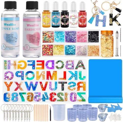 Wealike Epoxidharz Set Anfänger,Expoditharz Starterset 300ml,DIY Schlüsselanhänger Einschließlich Epoxidharz Silikonformen und Zubehörwerkzeuge