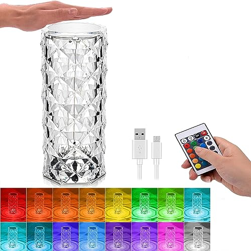 Puhui LED Tischlampe Kristall, Moderne Kreativität Acryl Diamant Nachttischlampe Touch und Dimmbar [16 Farben & 4 Modi ] Mit Fernbedienung, RGB Farbwechsel Nachtlicht für Schlafzimmer Wohnzimmer