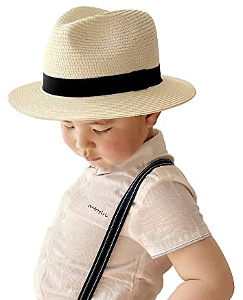 Straw Fedora Sun Hat for Kids Roll Up Short Brim Trilby Hat Panama Beach Hat… (P-Ivory)