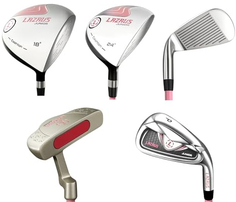 LAZRUS GOLF Premium Kids Golf Clubs Set Or Individuals for Boys or Girls - Junior Golf Clubs - Driver, Fairway Wood, 7 Iron, PW, Putter - Blue or Pink (RH, Girls Age 6-9, Full Set (5 pcs))