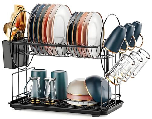 QIANGUANG Égouttoir à Vaisselle à 2 Niveaux avec bac d'égouttement et Tapis d'égouttement, Grande capacité avec Support pour ustensiles, Tableau de Drainage, Porte-Tasses, Noir