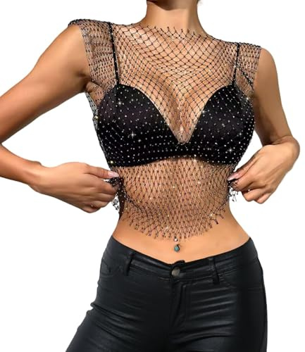 Women’s Rhinestone Mesh Crop Top, Black Sexy Sleeveless Rhinestone Rave Top Lightweight Crystal Fishnet Blouse Diamond Mesh See Through Clubwear, Sparkly Sleeveless Tank for Parties Festivals Club