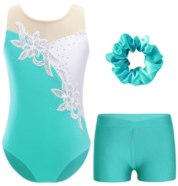 Hedmy Maillot Brillante de Danza para Niñas Body sin Mangas con Leggings Cortos y Diadema Traje de Gimnasia Deportiva Disfraz de Bailarina Azul verde 5-6 años