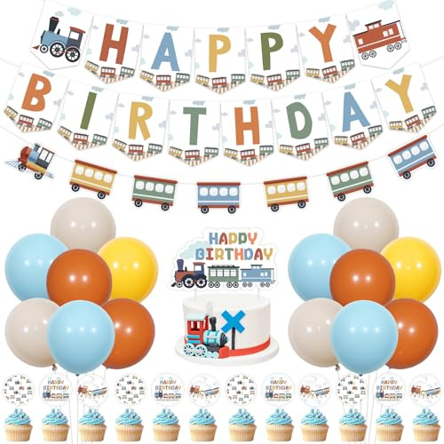 Sursurprise Train Theme Birthday Decorations, Steam Train Happy Birthday Bunting Banner, Railroad Train Crossing Garland, Cake Cupcake Topper Balloon, Transportation Bday Party Supplies