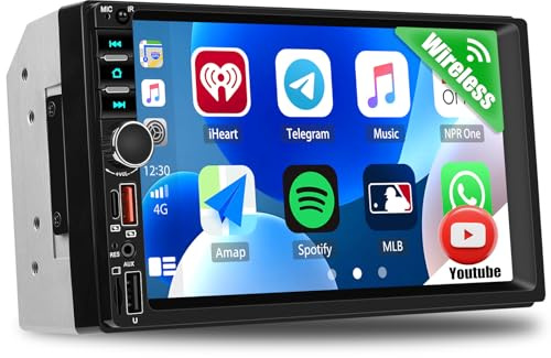 CAMECHO Double Din Car Stereo with Wireless Carplay Android Auto Online Youtube, 7 inch IPS Touch Screen Car Radio Bluetooth Hands-Free FM Radio EQ Color Backlight USB/Type-C/SD Input SWC