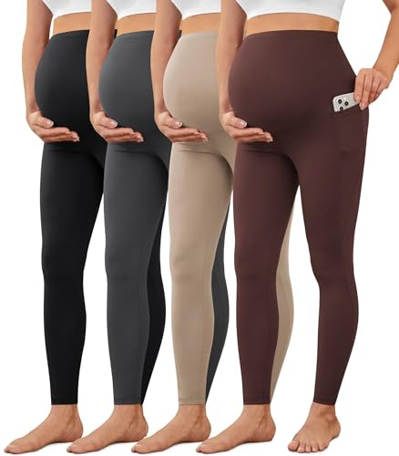 VALANDY Creamlush 4 Pack Maternity Leggings with Pockets Over The Belly-Buttery Soft Yoga Workout Pregnant Pants