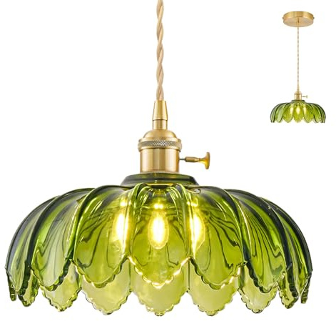 NETHCUEL Glass Kitchen Island Lights, Vintage Brass Pendant Light Fixtures, Adjustable Green Pendant Lights for Kitchen Island for Bedroom Living Room Hallway Dining Room, Light Bulb Not Included