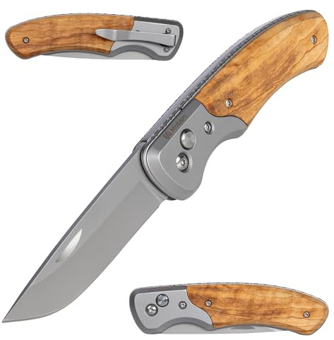 Mubero Folding Work Knife with Stainless Steel Blade | With Olive Wooden Handle and Pocket Clip