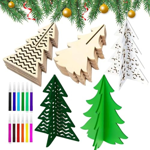 Obehandlade julgranar i trä | 3D oavslutad växtsilhuett dekoration, 48 stycken DIY trätrimning med färgglada markörer set | för barn och vuxna jul bricka i