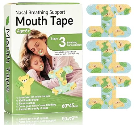 Aezzybe Mouth Tape Anti-russamento 60 pezzi [FASE 3: Periodo Consolidamento], Cerotti Bocca non tessuto a forma labbra per Dormire per bambini 6 anni+ e adulti, favorisce respirazione nasale