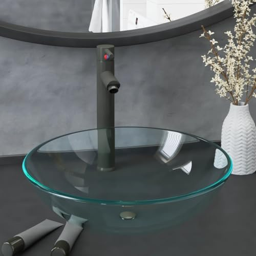 Genérico Lavabo de baño con Grifo y desagüe de Empuje Vidrio templado-3098442