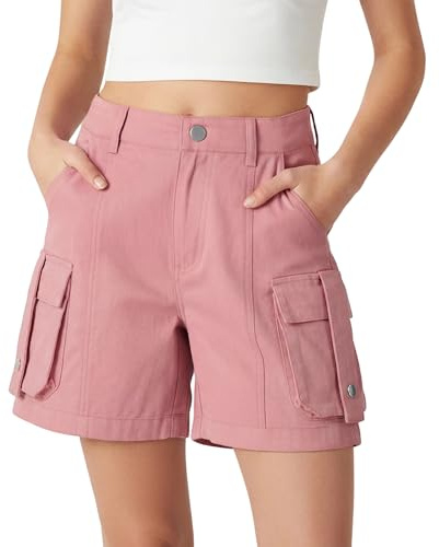 Rolanko Girls Cargo Shorts, Lightweight Cotton with A Semi Elastic Waistband Summer Uniform Shorts for Tweens, Pink, 9-10 Years, 140