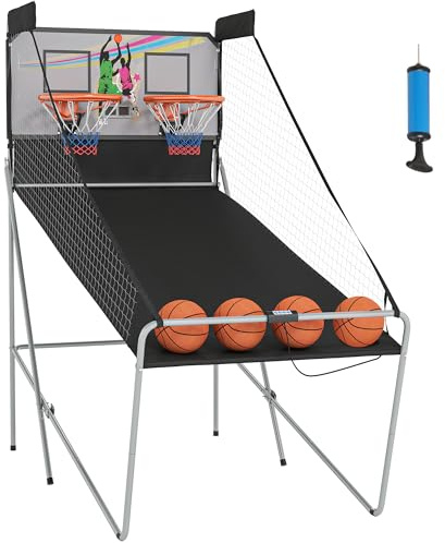 HOMCOM Juego de Canastas Plegable, Máquina de Baloncesto Juguete Contador y Marcador Electrónico, con Soporete de Acero, Red, Cesta de Baloncesto, 4 Baloncestos, 205x110x205 cm