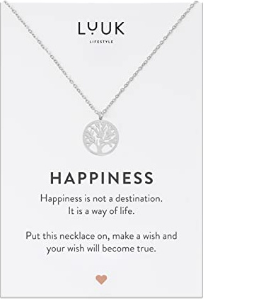 LUUK LIFESTYLE Collar de acero inoxidable de calidad femenino con colgante del Árbol de vida y dedicatoria Happiness, joyas de moda para mujer, niña, novia, San Valentín, plata