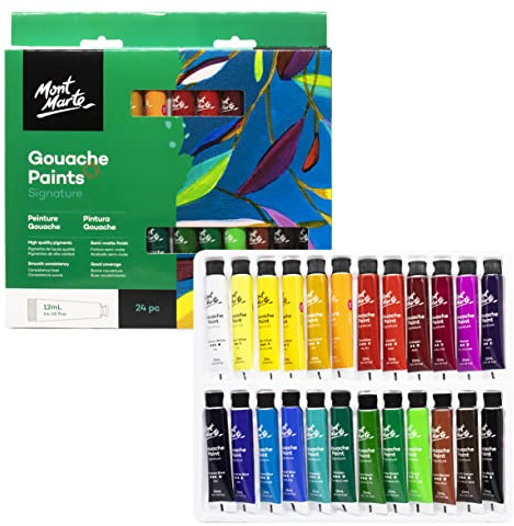 Mont Marte Gouache Set – 24 Stück, 12 ml Tuben – Ideal für Gouachemalerei – Brillante, lichtechte Gouache Farben mit großer Deckkraft