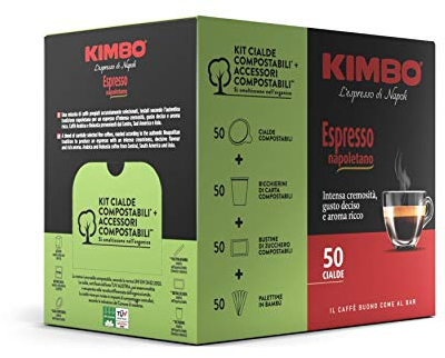 Kimbo Cialde Caffè Compostabili ESE Espresso Napoletano, 5 Pacchi da 50 Cialde (Totale 250 Cialde) + Kit Compostabile (Zucchero, Palette, Tazzine)