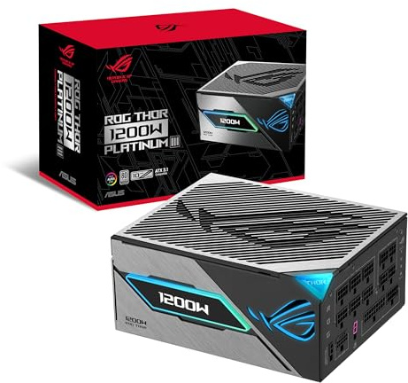 ASUS ROG Thor 1200W Platinum III Fuente de alimentación, 80 Plus Platinum, ATX 3.1, MOSFET GAN, Estabilizador de Voltaje Inteligente, Pantalla OLED magnética, Modo Turbo, 10 años de protección