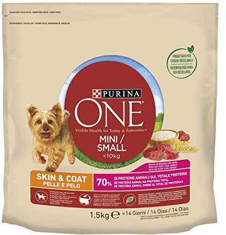 Purina One Mini < 10 kg Cuir et Poils Croquettes pour Petits Chiens Bœuf et Riz, 6 Boîtes de 1,5 kg