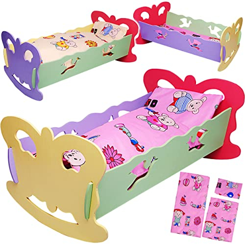 alles-meine.de GmbH 2 Stück: große - Holz - Puppenwiege - mit Bettzeug - 49 cm lang - Wiegenset - Holzwiege aus Buntem Naturholz - Schmetterling Mädchen & Jungen - Bett - Puppen ..