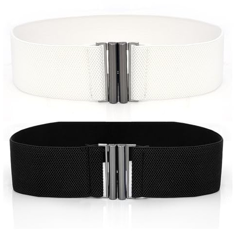 PLABBDPL 2 Pezzi Cinture Elastiche in Vita, Cintura da Donna Ampia Cintura Elastica con Fibbia in Metallo (Nero e Bianco)