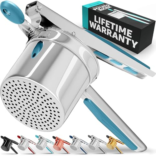 PriorityChef Large 15oz Potato Ricer, Heavy Duty Stainless Steel Potato Masher and Ricer Kitchen Tool, Press and Mash Kitchen Gadget For Perfect Mashed Potatoes - Everytime, Silver and Turquoise