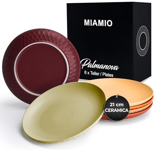 MIAMIO - 6er Geschirrset/Teller Set modern aus Keramik für 6 Personen - Palmanova Kollektion (Rot, Kleine Teller (6x))