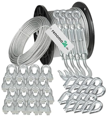 Renomo24 Drahtseil Set 6 - Stahlseil 5m 5mm 6x7 verzinkt, 4x Spannschloss Haken/Öse, 16x Bügelklemmen, 16x Kauschen